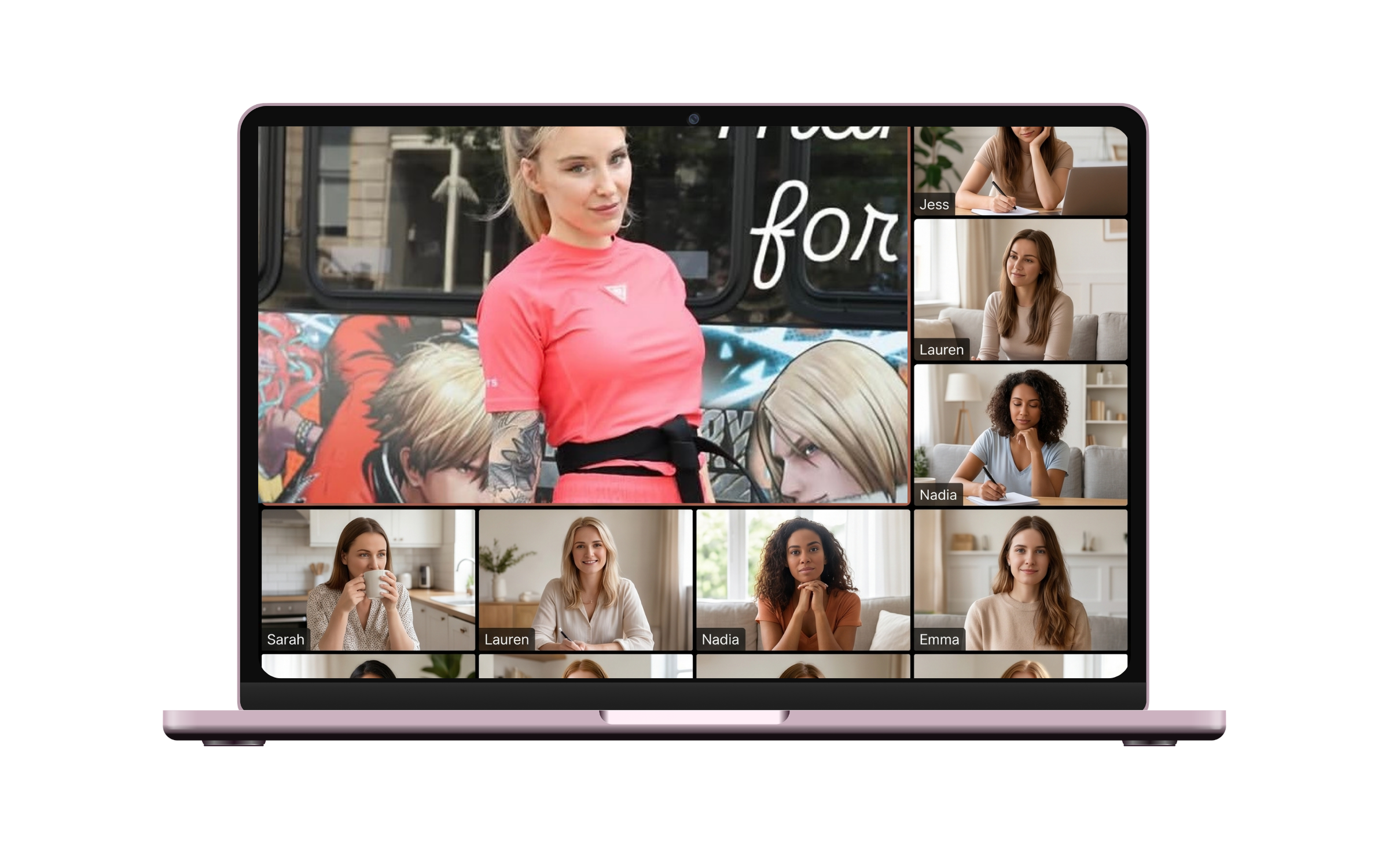 Laptop showing the live Zoom masterclass with Lux teaching from her NYC gym.